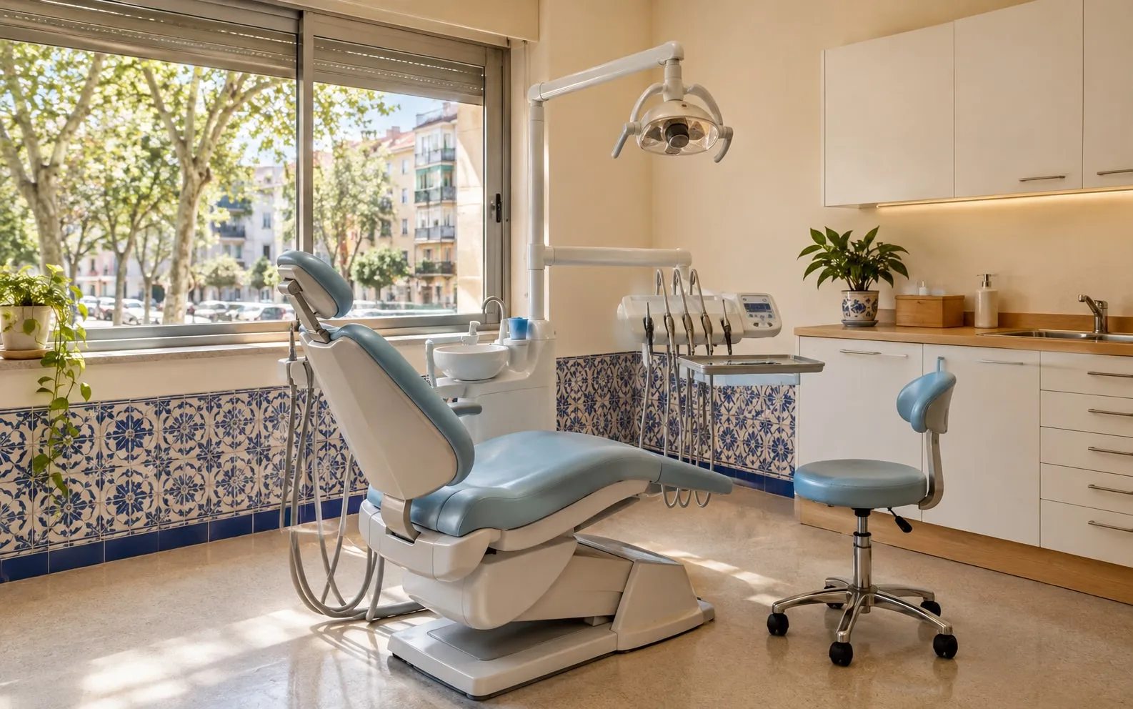 Gabinete de medicina dentária luminoso, com a cadeira junto a uma janela, num prédio da Amadora